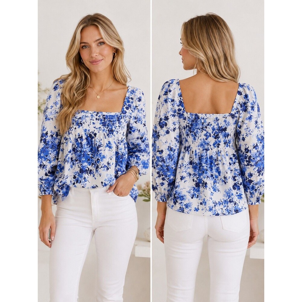 Tuckernuck Bluebell Meadows Tilli Blouse XS Blue Floral Smocked Puff Sleeves